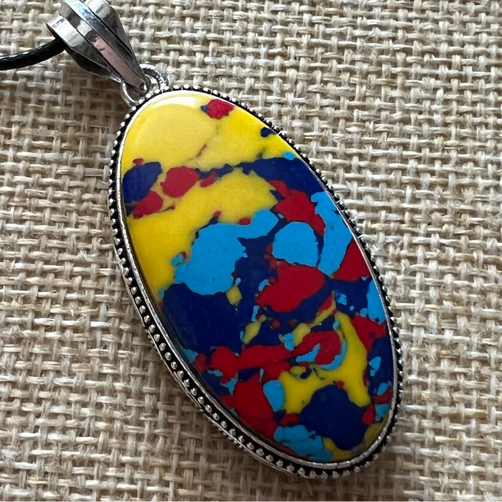 New Mosaic Balloon Jasper Vintage Style Silver Overlay Pendant Necklace